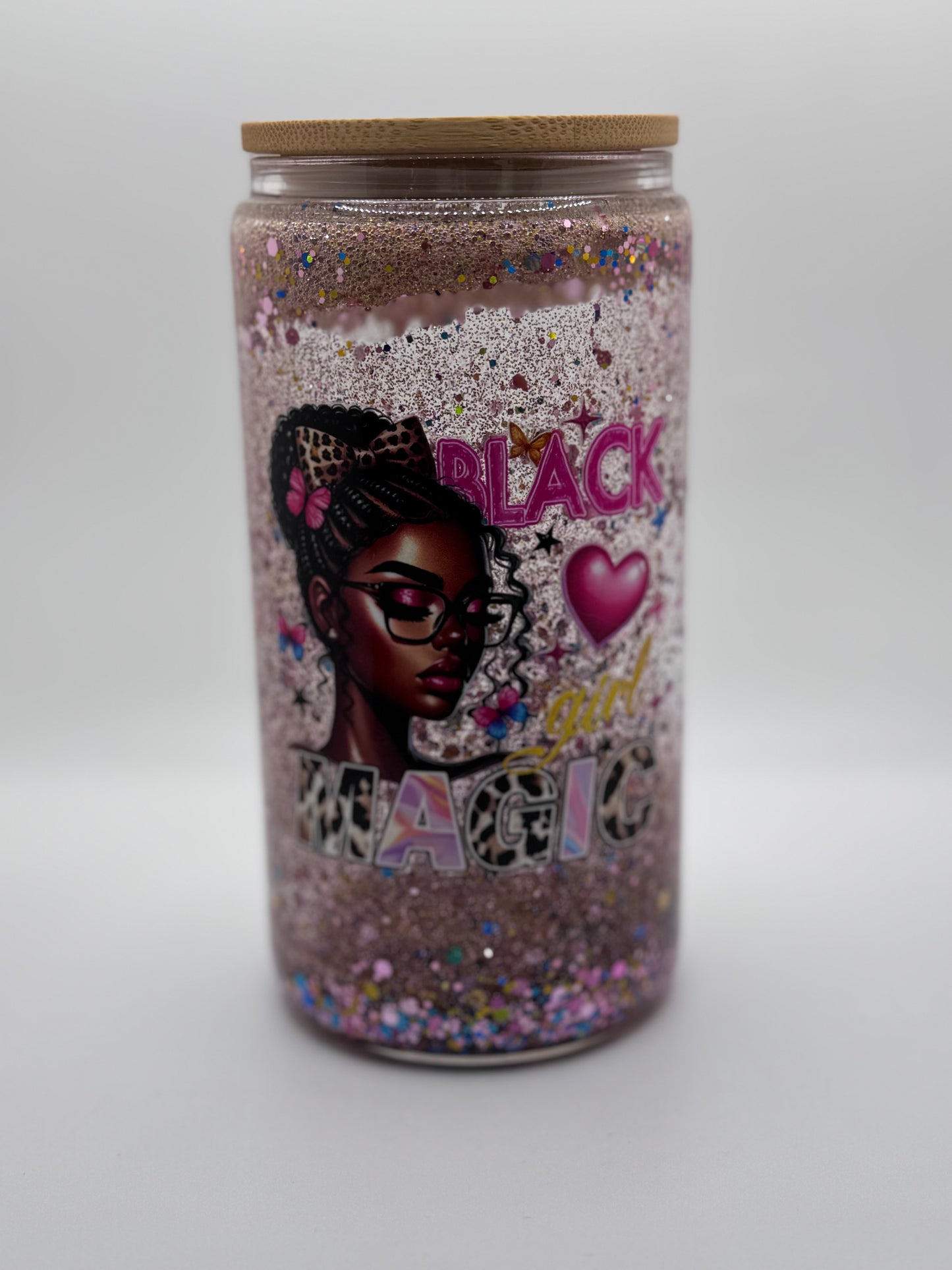 16oz Black Girl Magic Snow Globe Tumbler Bamboo Lid/ Straw