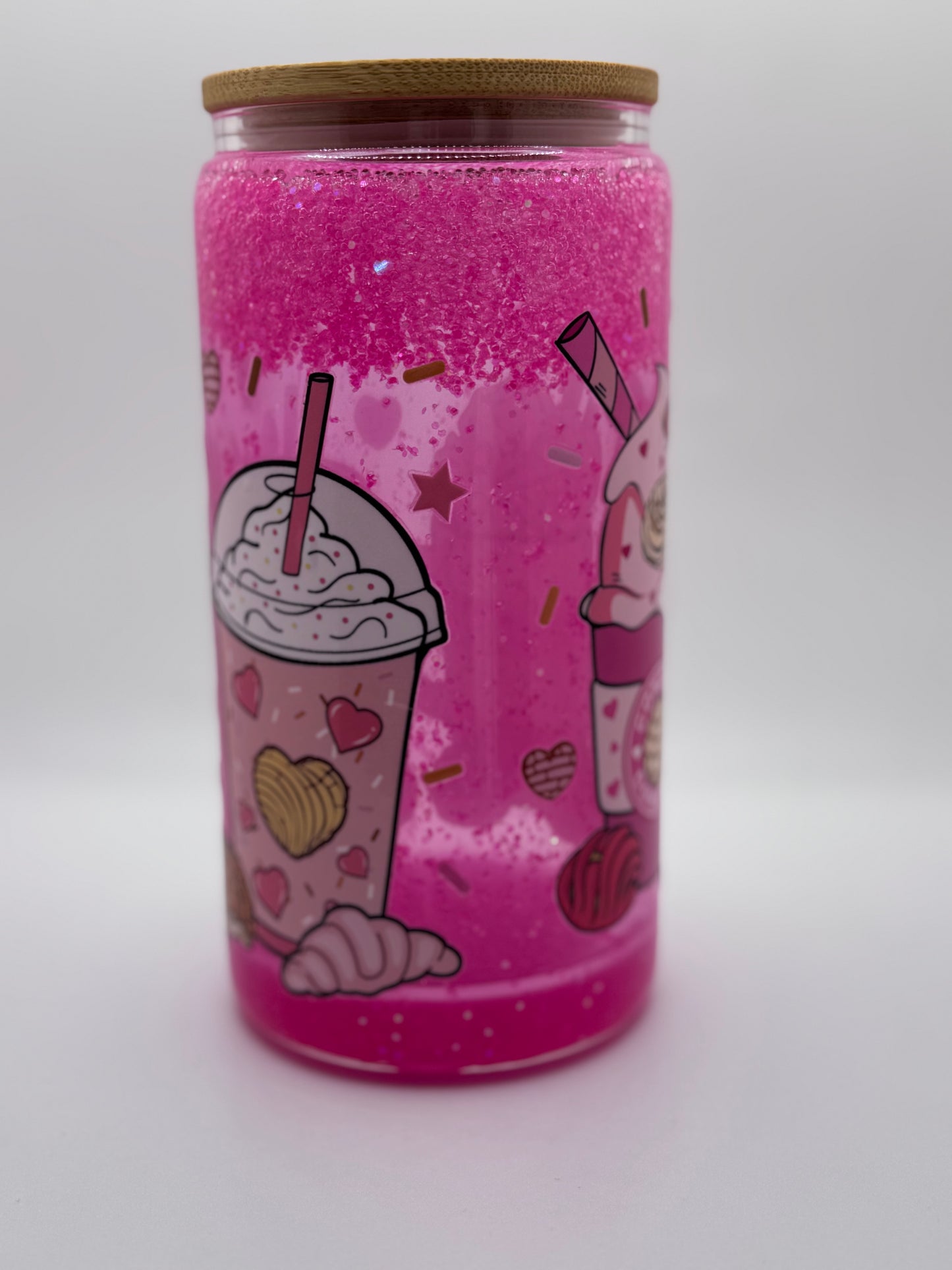 16oz Pink Drink Snow Globe Tumbler Bamboo Lid/ Straw